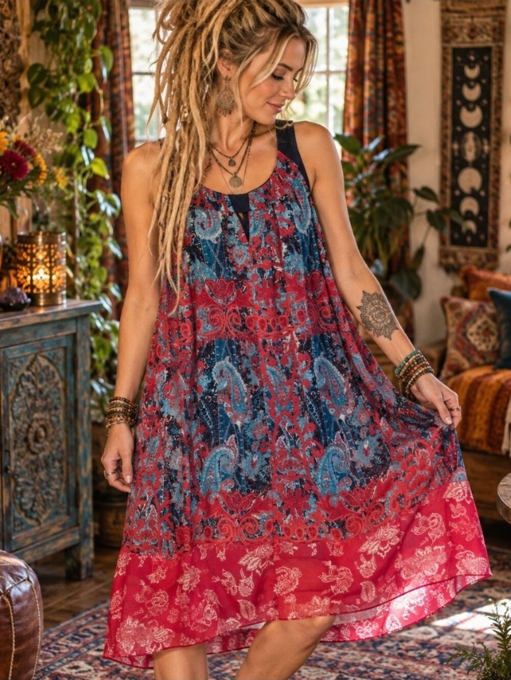 4/$15 Dressbarn Paisley Midi Dress 14 70s Revival Boho Modern Bohemia Maximalism